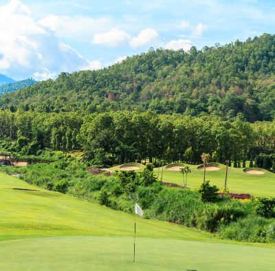 Golf course landscape Beautiful green golf course landscape, Golfing resort at Lamphun Province, Thailand.